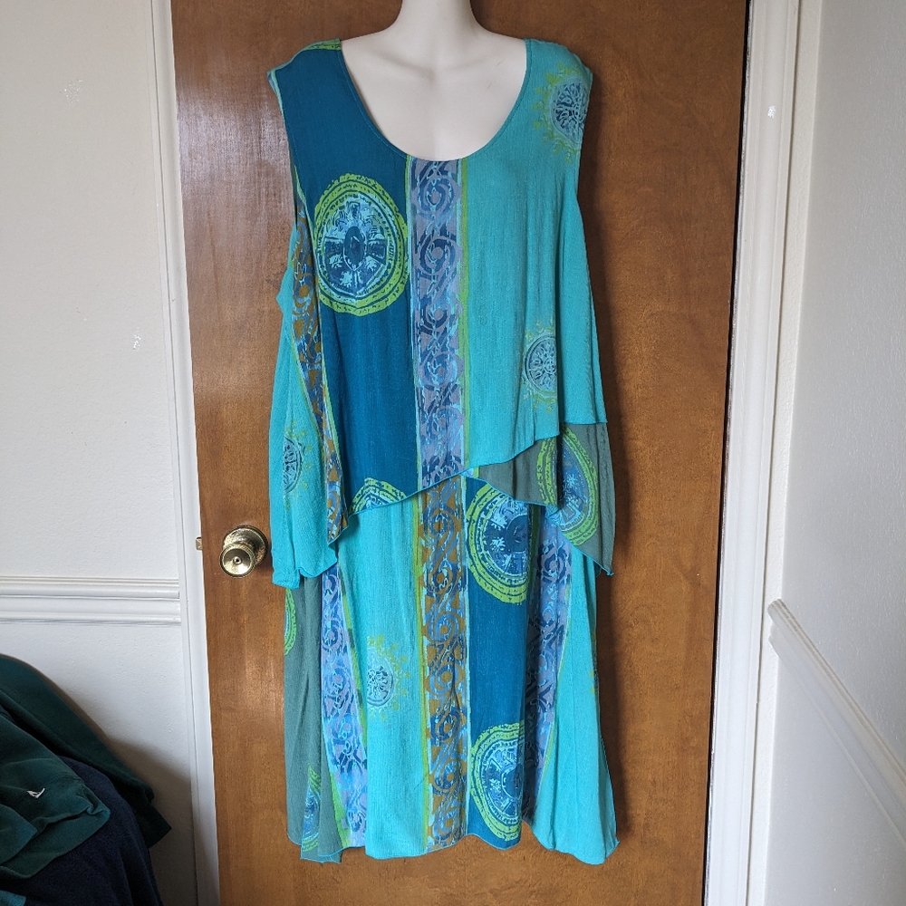 The Pyramid Collection Green Blue Teal Batik Print Layered Sleeveless Dress